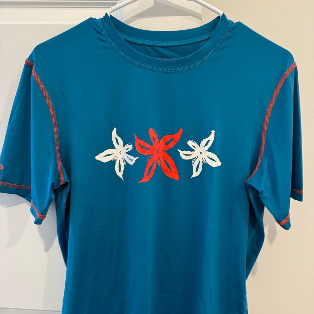 Crazy Shirts Teal Rashguard with Floral/ Starfish Design - Size Large